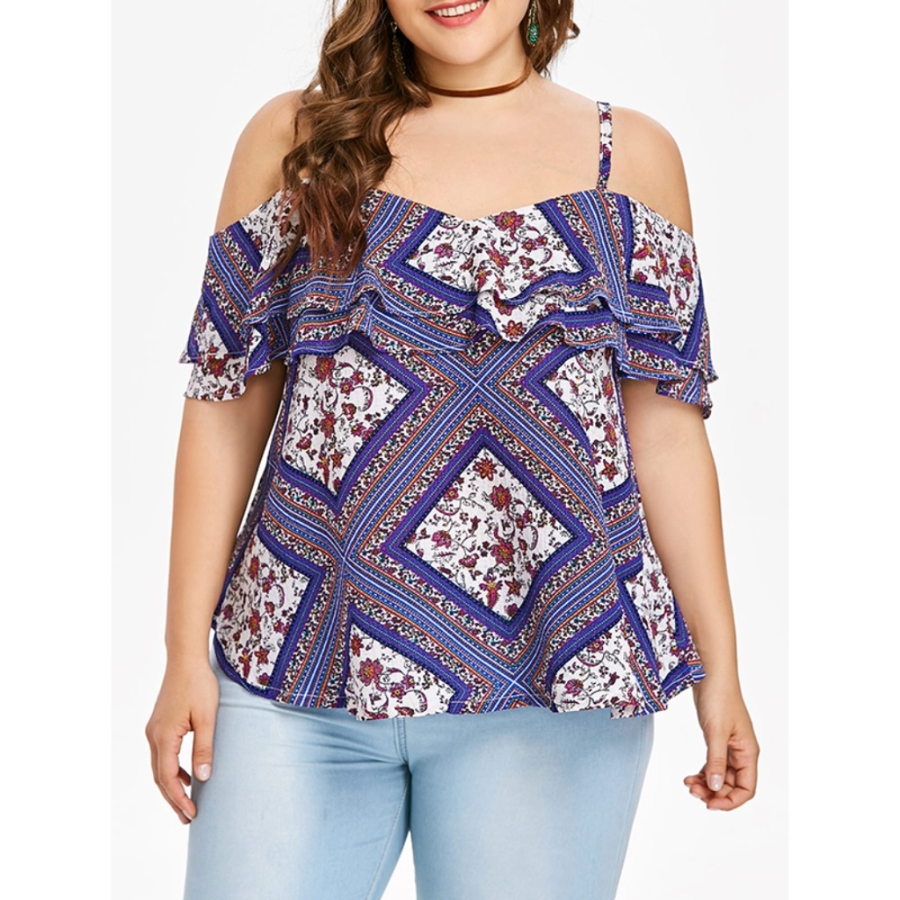 Plus Size Floral Print Cold Shoulder Flounce Top